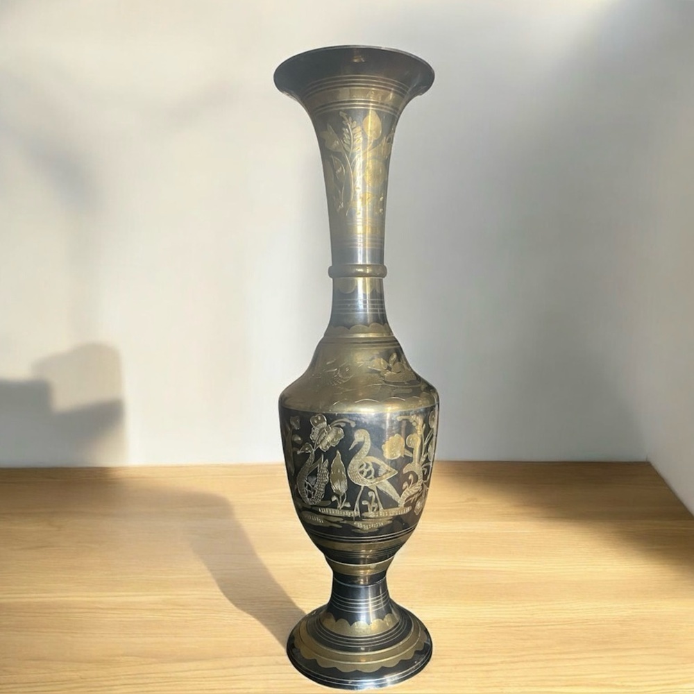 Vintage Indian Brass Vase – Hand Etched Floral & Bird Motif –‎ Black/Gold Inlay